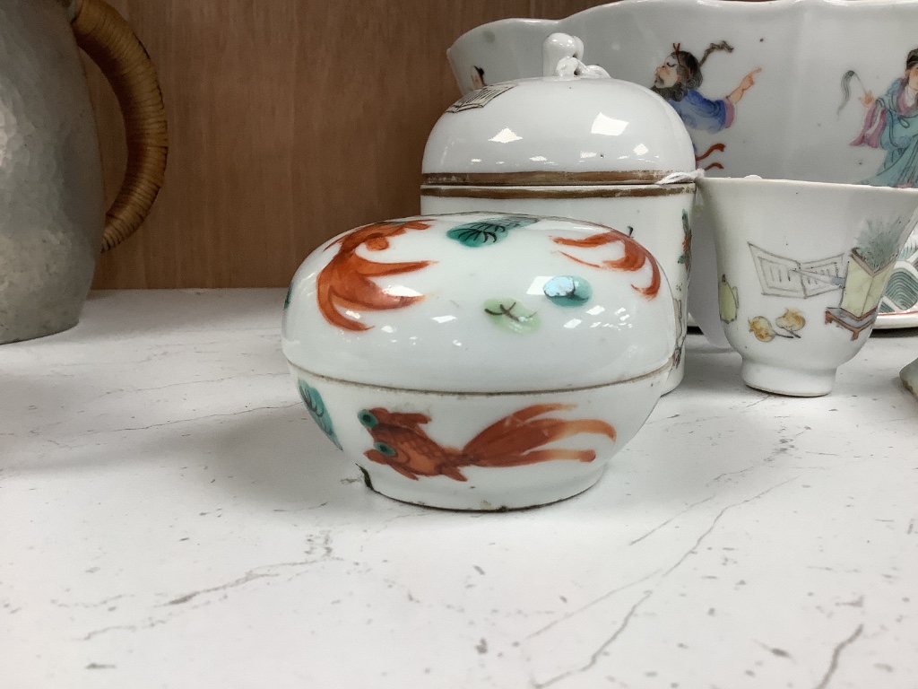 A Chinese small square porcelain bowl, Jiaqing mark, and four items of late 19th/early 20th century Chinese porcelain